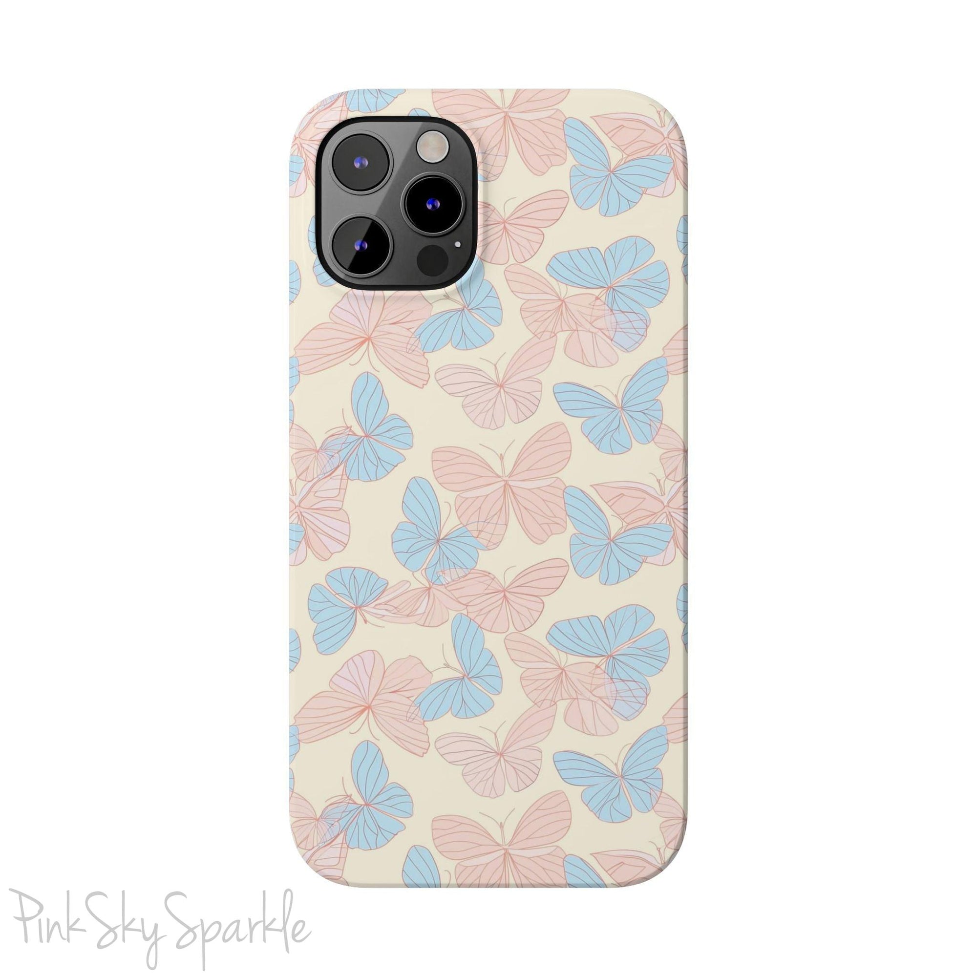 Butterfly Slim iPhone Case. Featuring a neutral background with a pattern of light pink and light blue butterflies.
