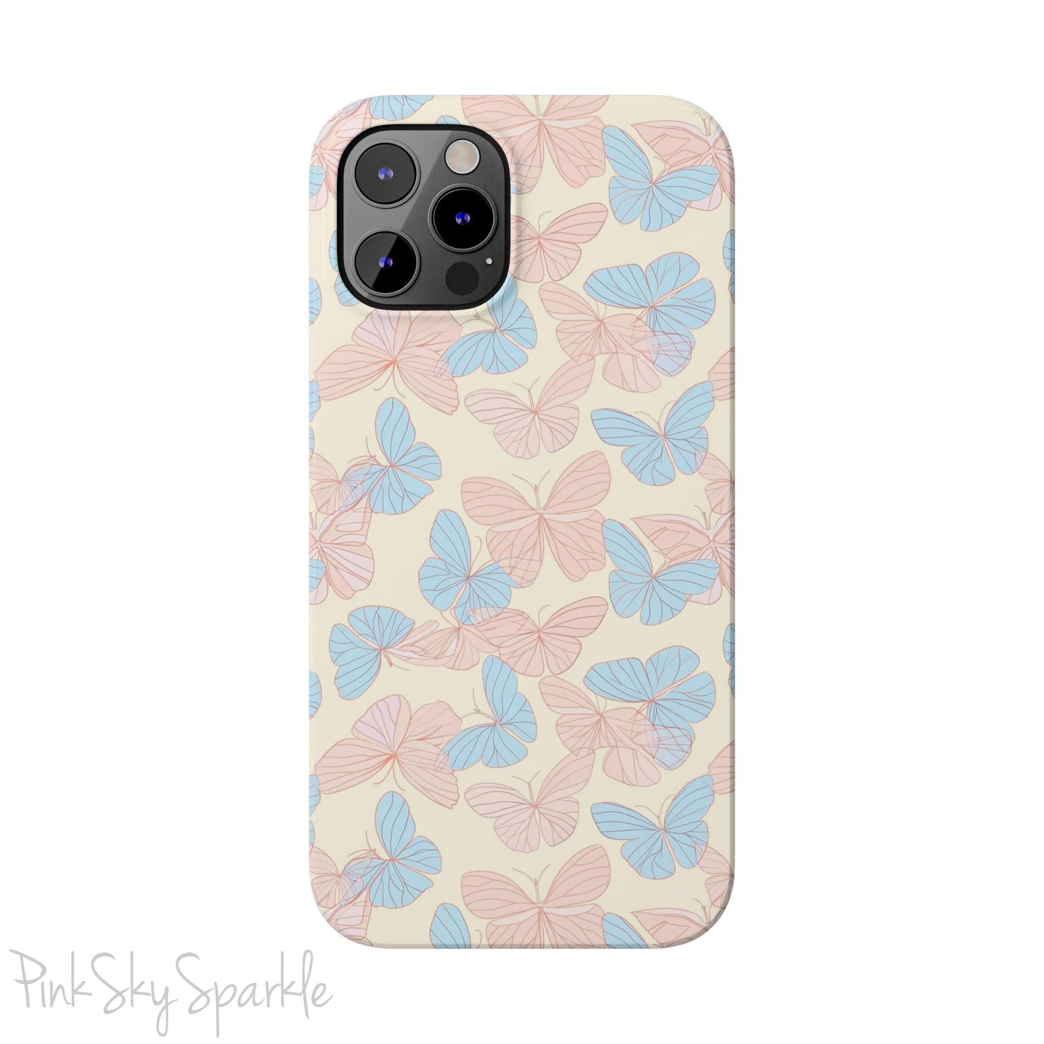 Butterfly Slim iPhone Case. Featuring a neutral background with a pattern of light pink and light blue butterflies.
