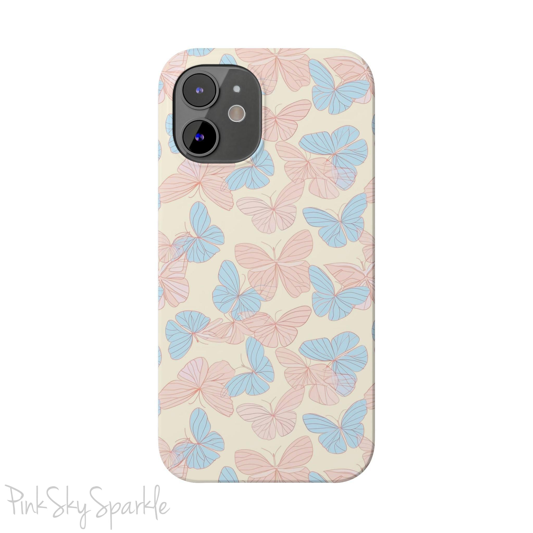 Butterfly Slim iPhone Case. Featuring a neutral background with a pattern of light pink and light blue butterflies.