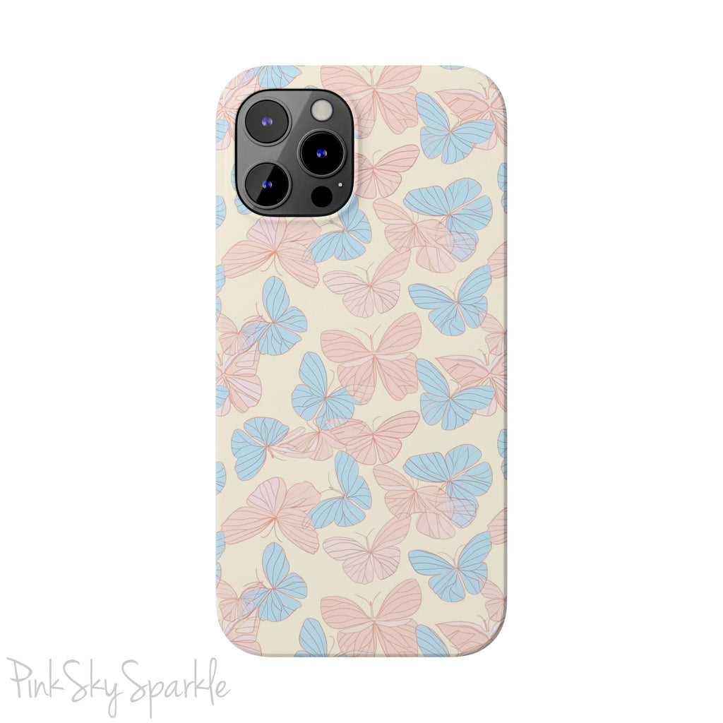 Butterfly Slim iPhone Case. Featuring a neutral background with a pattern of light pink and light blue butterflies.