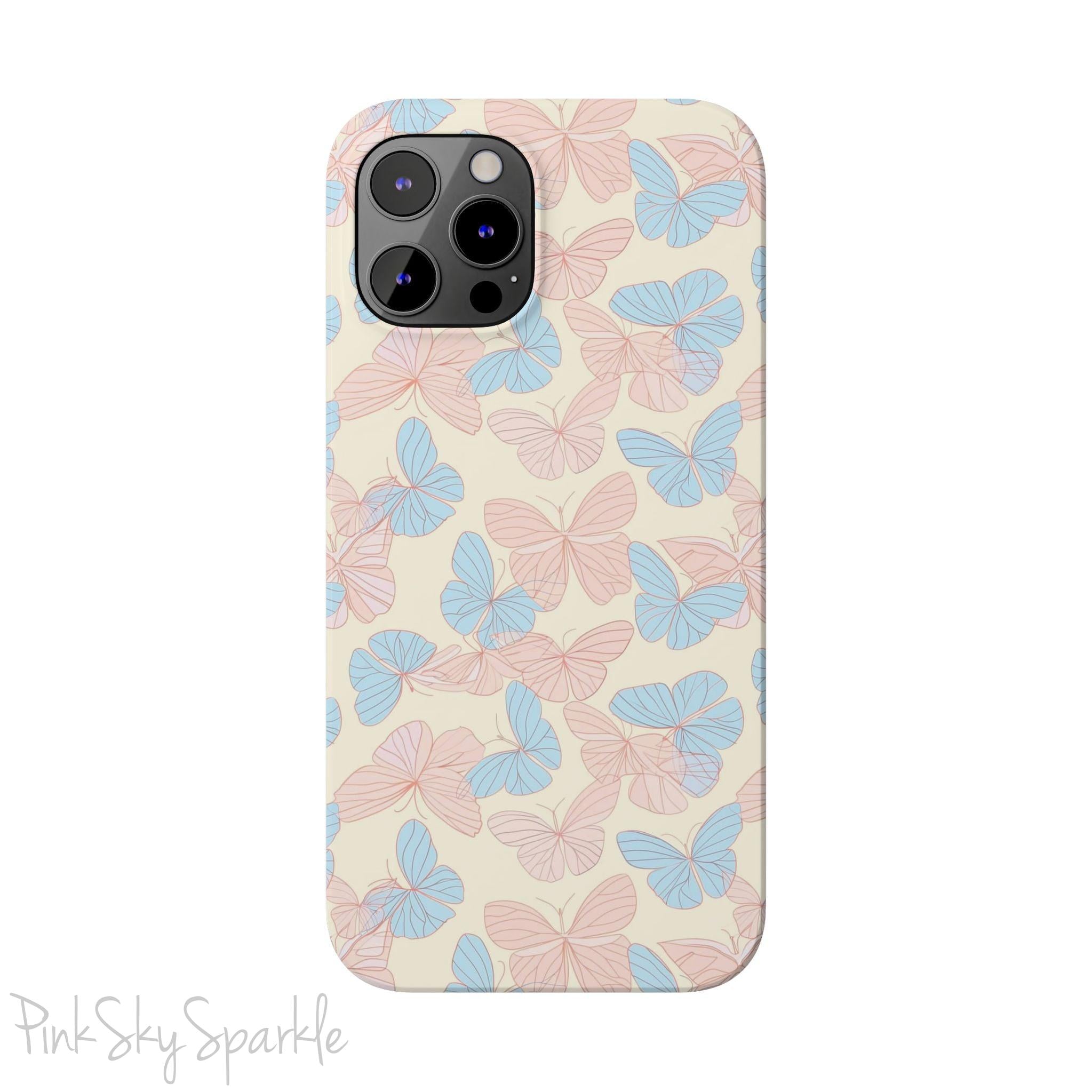 Butterfly Slim iPhone Case. Featuring a neutral background with a pattern of light pink and light blue butterflies.