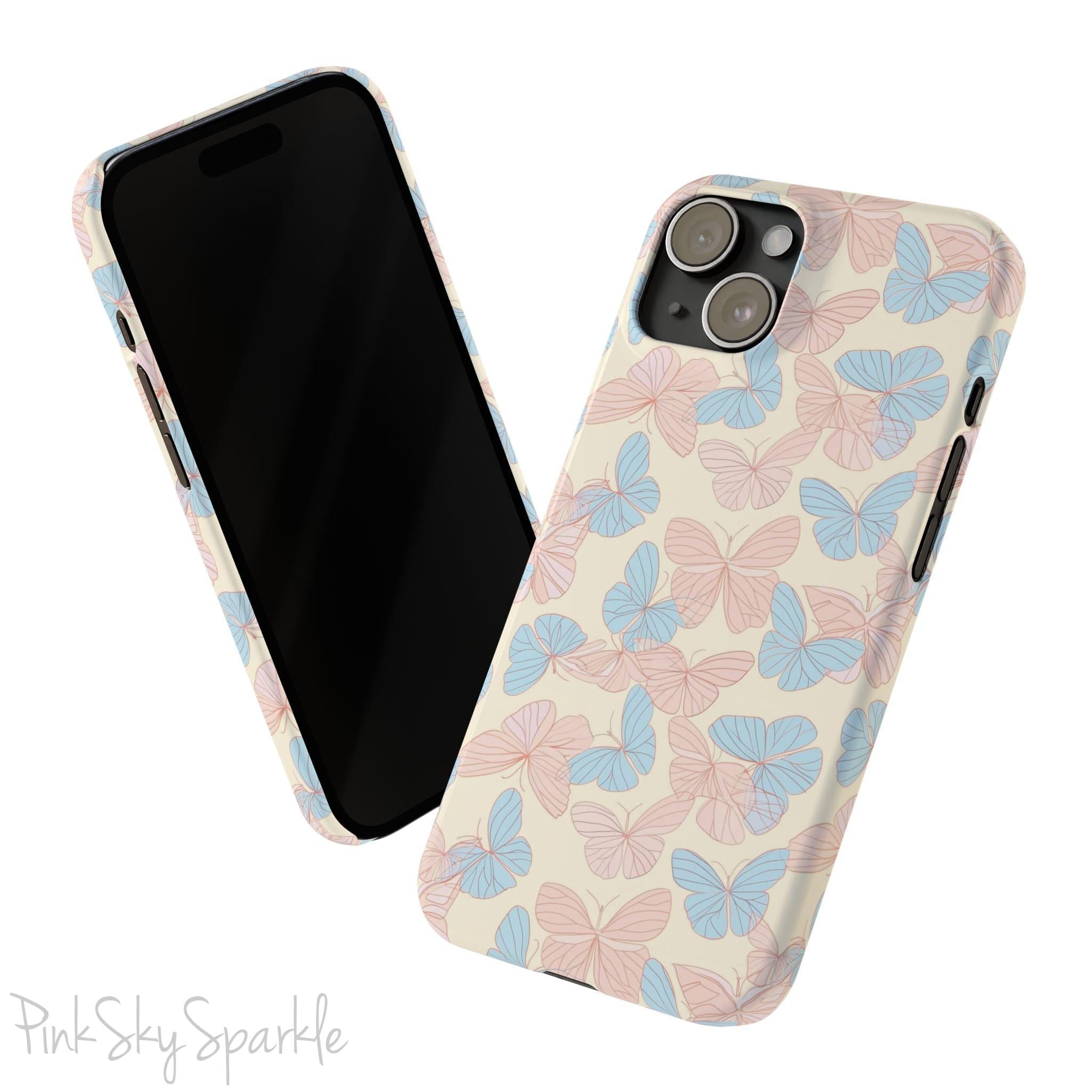 Butterfly Slim iPhone Case. Featuring a neutral background with a pattern of light pink and light blue butterflies.