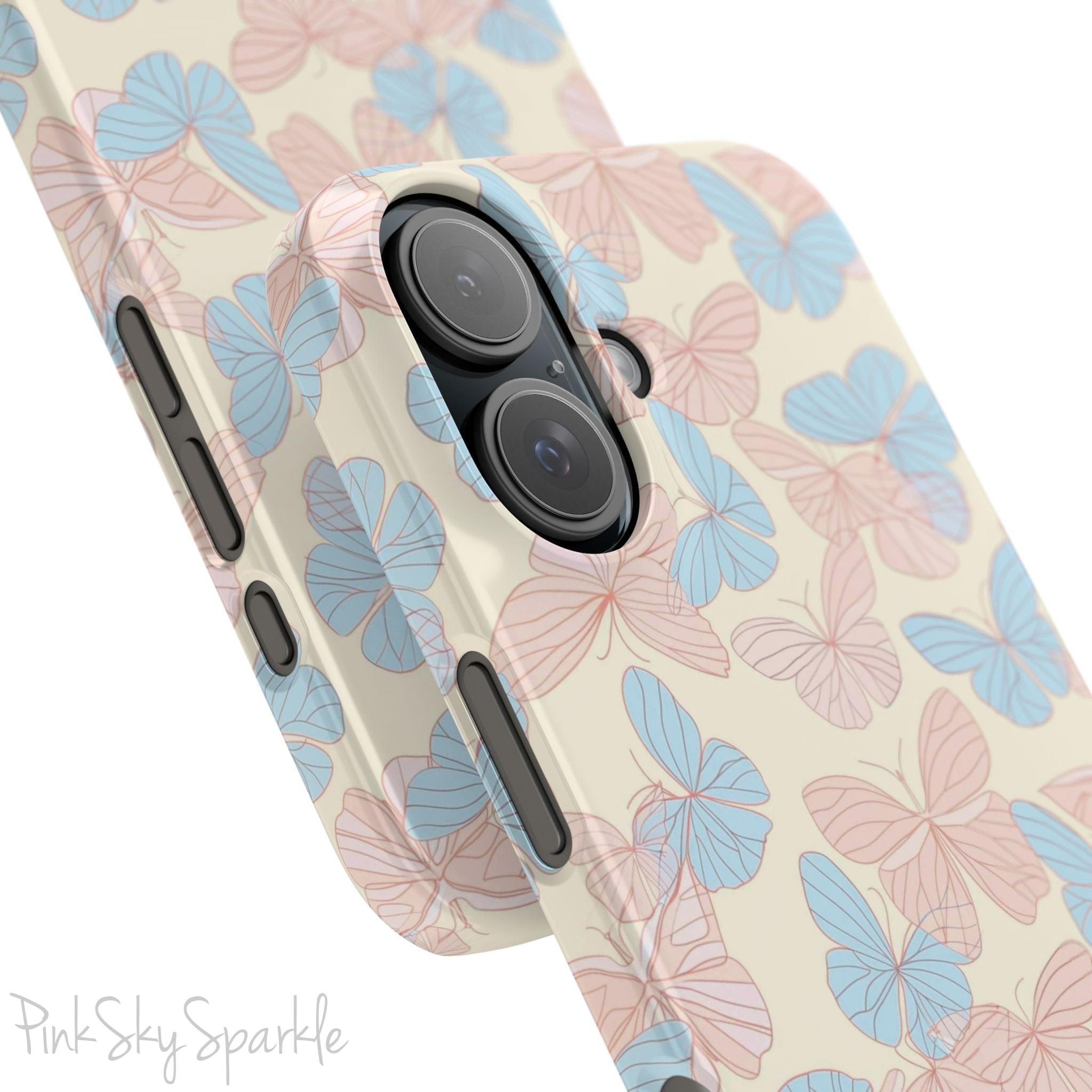 Butterfly Slim iPhone Case. Featuring a neutral background with a pattern of light pink and light blue butterflies.
