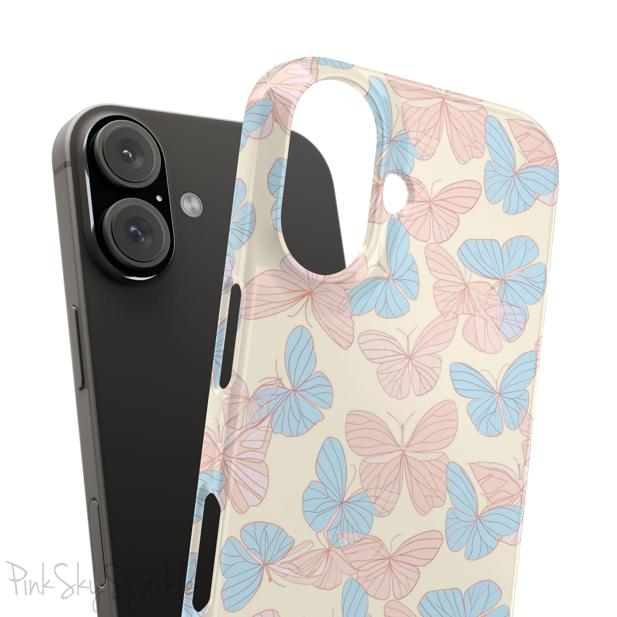 Butterfly Slim iPhone Case. Featuring a neutral background with a pattern of light pink and light blue butterflies.