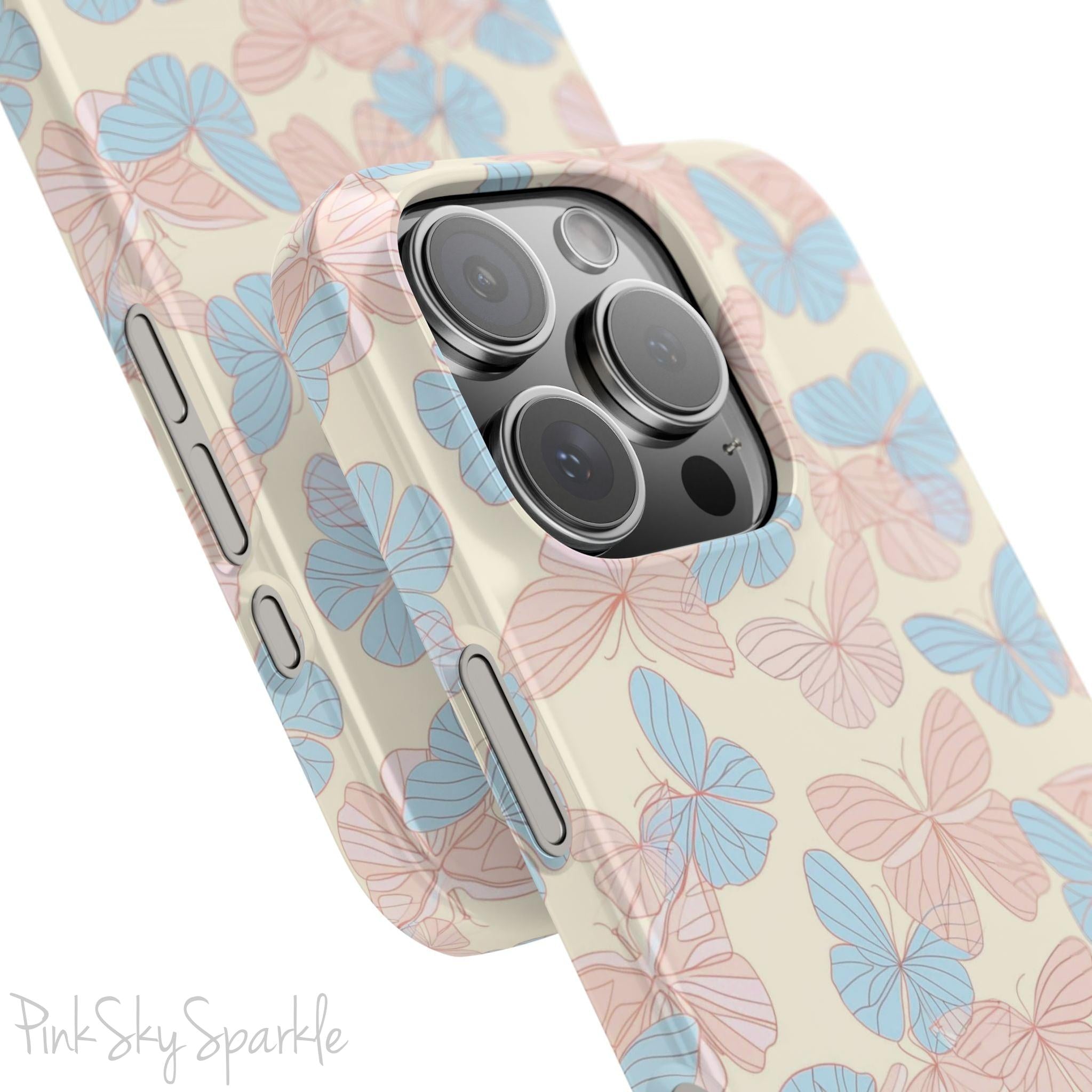 Butterfly Slim iPhone Case. Featuring a neutral background with a pattern of light pink and light blue butterflies.