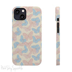 Butterfly Slim iPhone Case. Featuring a neutral background with a pattern of light pink and light blue butterflies.