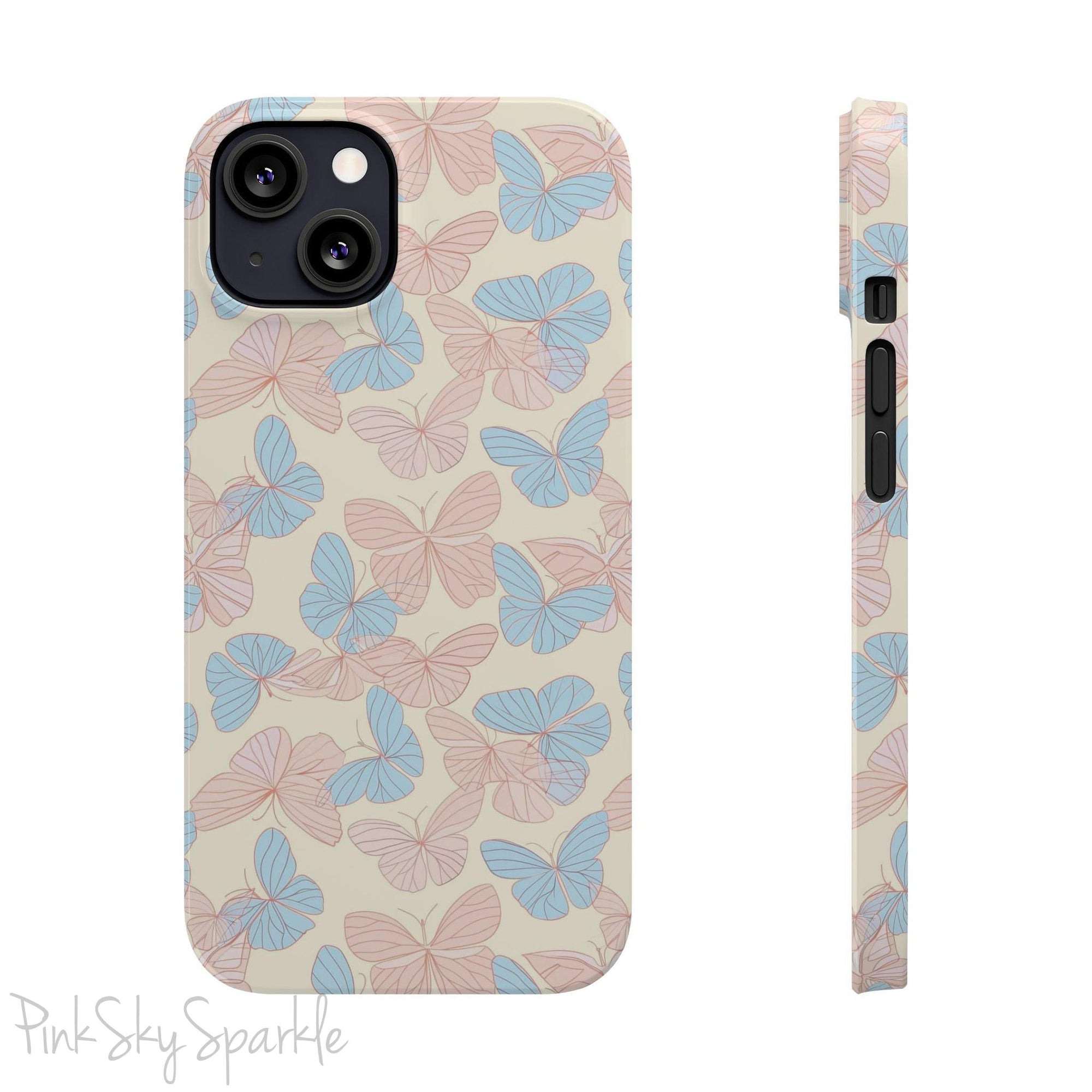 Butterfly Slim iPhone Case. Featuring a neutral background with a pattern of light pink and light blue butterflies.