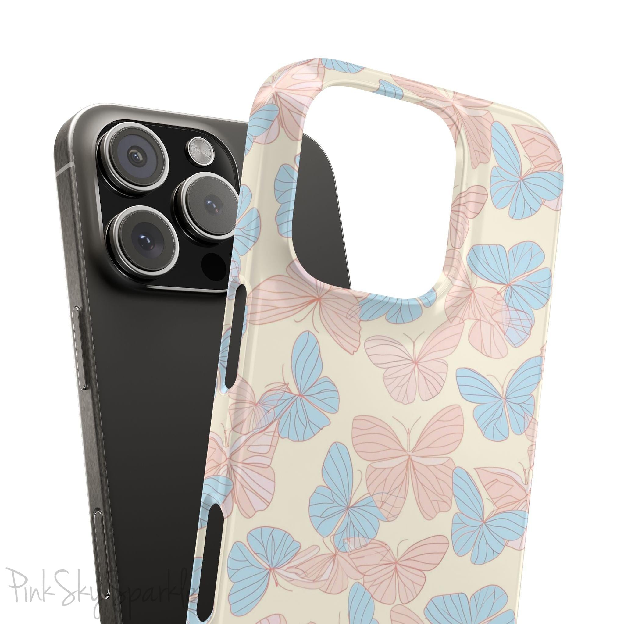 Butterfly Slim iPhone Case. Featuring a neutral background with a pattern of light pink and light blue butterflies.