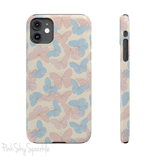 Butterfly Slim iPhone Case. Featuring a neutral background with a pattern of light pink and light blue butterflies.