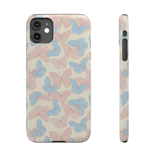 Butterfly Slim iPhone Case. Featuring a neutral background with a pattern of light pink and light blue butterflies.