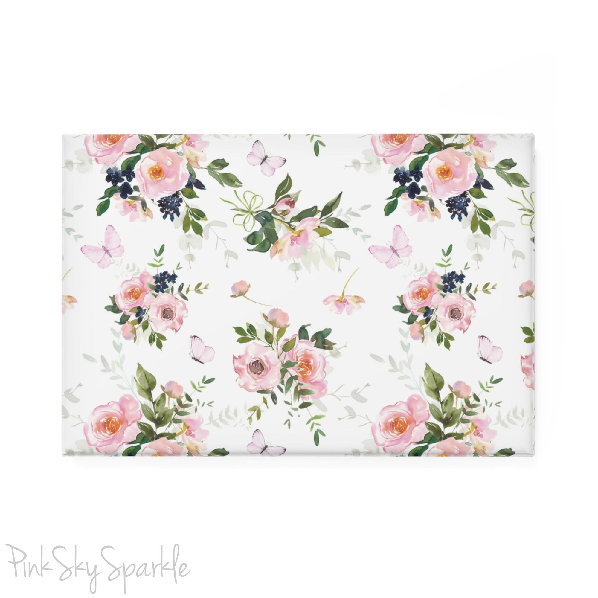 Butterfly Garden Rectangle Button Magnet - Delicate and enchanting magnet featuring a whimsical garden scene with pink butterflies and floral accents. Perfect for fridge decor, gifting, and nature lovers.