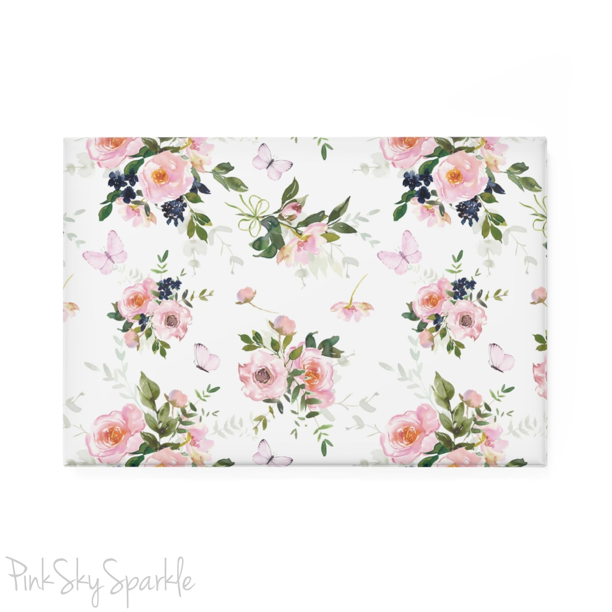 Butterfly Garden Rectangle Button Magnet - Delicate and enchanting magnet featuring a whimsical garden scene with pink butterflies and floral accents. Perfect for fridge decor, gifting, and nature lovers.