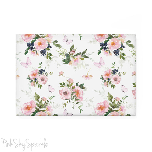 Butterfly Garden Rectangle Button Magnet - Delicate and enchanting magnet featuring a whimsical garden scene with pink butterflies and floral accents. Perfect for fridge decor, gifting, and nature lovers.