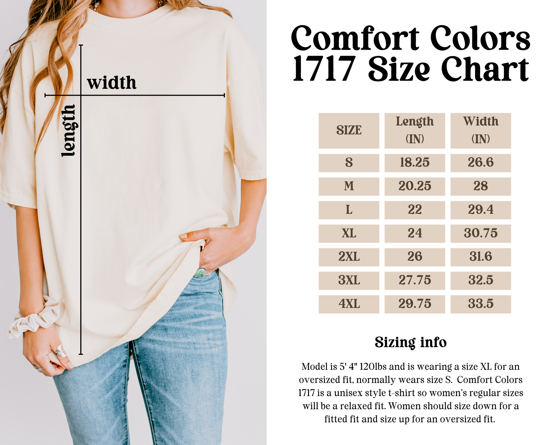 Comfort Colors 1717 T-shirt Size Chart