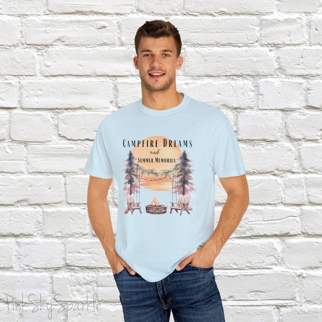 Campfire Dreams and Summer Memories Unisex Garment-Dyed T-shirt. Escape to the great outdoors with our Campfire Dreams and Summer Memories Garment-Dyed T-shirt. Made from soft, high-quality fabric, this shirt is perfect for cozy nights by the fire or creating unforgettable summer memories. Featuring the graphics of a scenery of a sunset, trees, patio lights, a fire pit and two wood chairs.