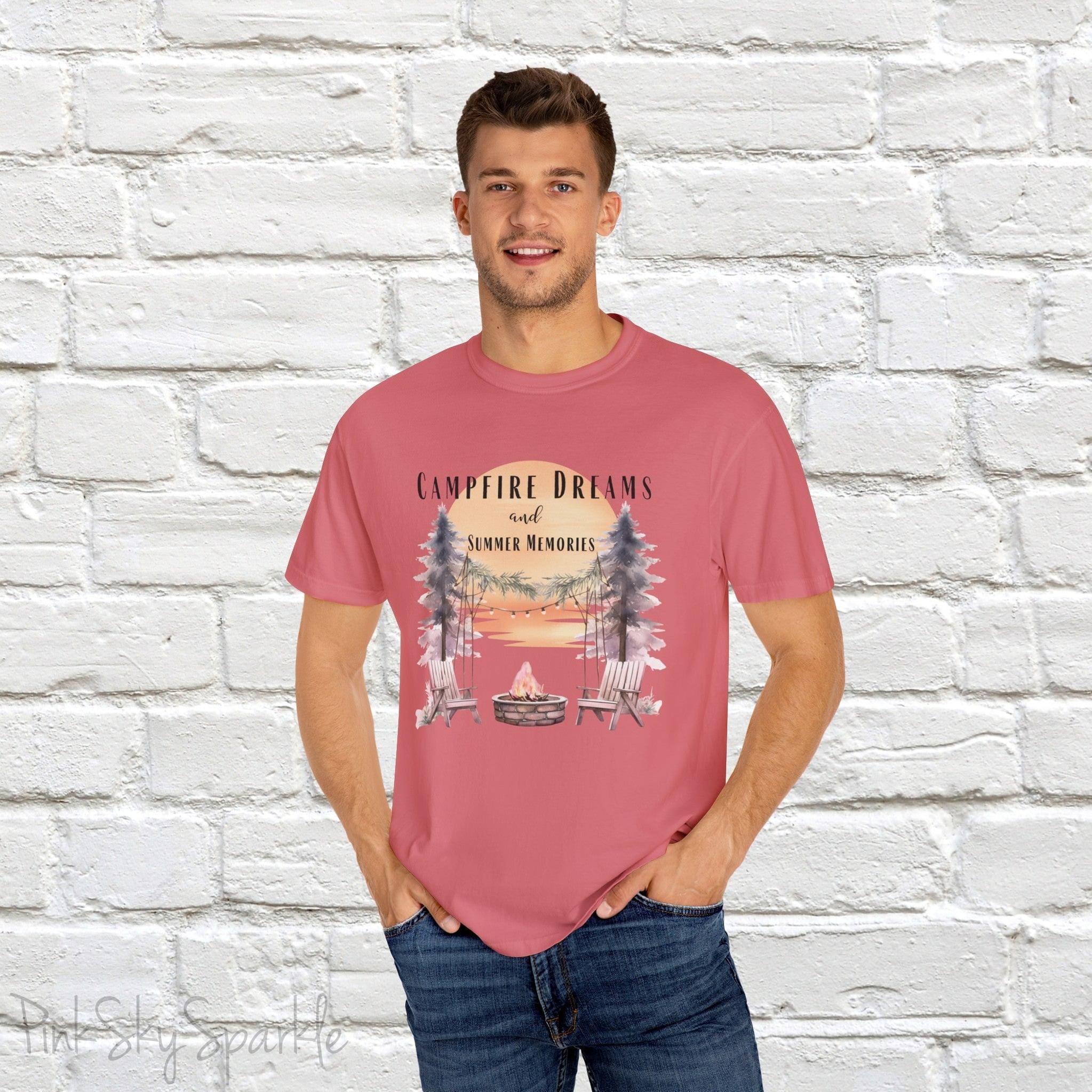 Campfire Dreams and Summer Memories Unisex Garment-Dyed T-shirt. Escape to the great outdoors with our Campfire Dreams and Summer Memories Garment-Dyed T-shirt. Made from soft, high-quality fabric, this shirt is perfect for cozy nights by the fire or creating unforgettable summer memories. Featuring the graphics of a scenery of a sunset, trees, patio lights, a fire pit and two wood chairs.