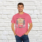 Campfire Dreams and Summer Memories Unisex Garment-Dyed T-shirt. Escape to the great outdoors with our Campfire Dreams and Summer Memories Garment-Dyed T-shirt. Made from soft, high-quality fabric, this shirt is perfect for cozy nights by the fire or creating unforgettable summer memories. Featuring the graphics of a scenery of a sunset, trees, patio lights, a fire pit and two wood chairs.