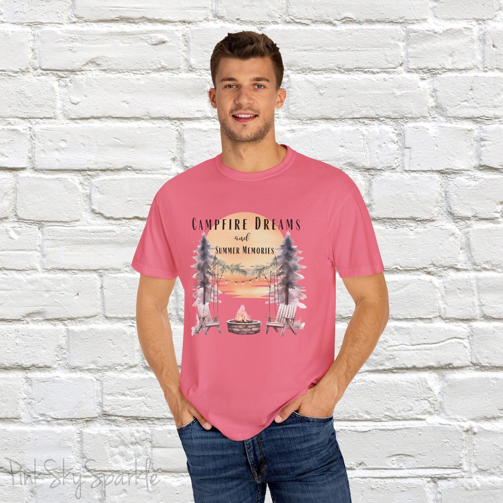 Campfire Dreams and Summer Memories Unisex Garment-Dyed T-shirt. Escape to the great outdoors with our Campfire Dreams and Summer Memories Garment-Dyed T-shirt. Made from soft, high-quality fabric, this shirt is perfect for cozy nights by the fire or creating unforgettable summer memories. Featuring the graphics of a scenery of a sunset, trees, patio lights, a fire pit and two wood chairs.