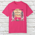 Campfire Dreams and Summer Memories Unisex Garment-Dyed T-shirt. Escape to the great outdoors with our Campfire Dreams and Summer Memories Garment-Dyed T-shirt. Made from soft, high-quality fabric, this shirt is perfect for cozy nights by the fire or creating unforgettable summer memories. Featuring the graphics of a scenery of a sunset, trees, patio lights, a fire pit and two wood chairs.