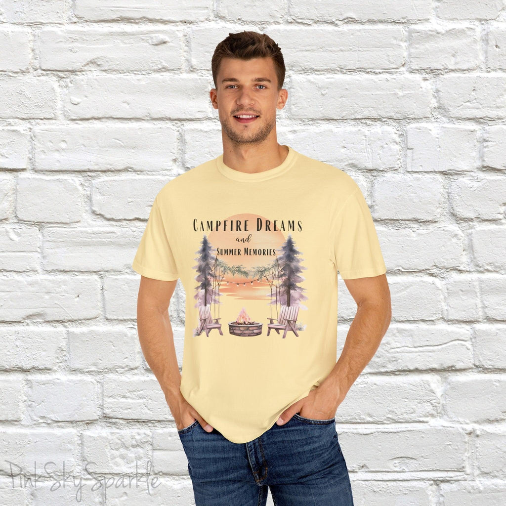 Campfire Dreams and Summer Memories Unisex Garment-Dyed T-shirt. Escape to the great outdoors with our Campfire Dreams and Summer Memories Garment-Dyed T-shirt. Made from soft, high-quality fabric, this shirt is perfect for cozy nights by the fire or creating unforgettable summer memories. Featuring the graphics of a scenery of a sunset, trees, patio lights, a fire pit and two wood chairs.