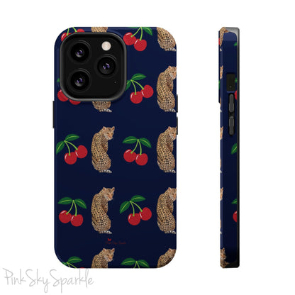 A stylish magnetic iPhone case featuring a unique pattern of leopards and bright red cherries on a dark navy blue background, blending bold and playful elements.