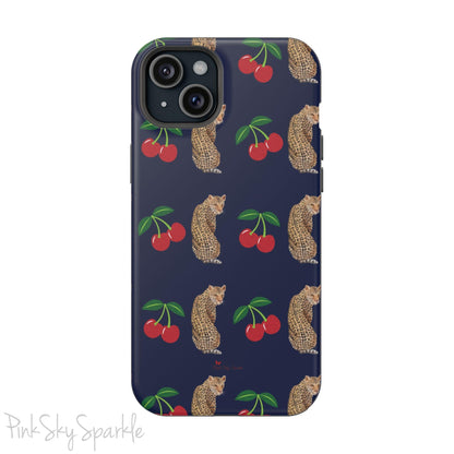 A stylish magnetic iPhone case featuring a unique pattern of leopards and bright red cherries on a dark navy blue background, blending bold and playful elements.