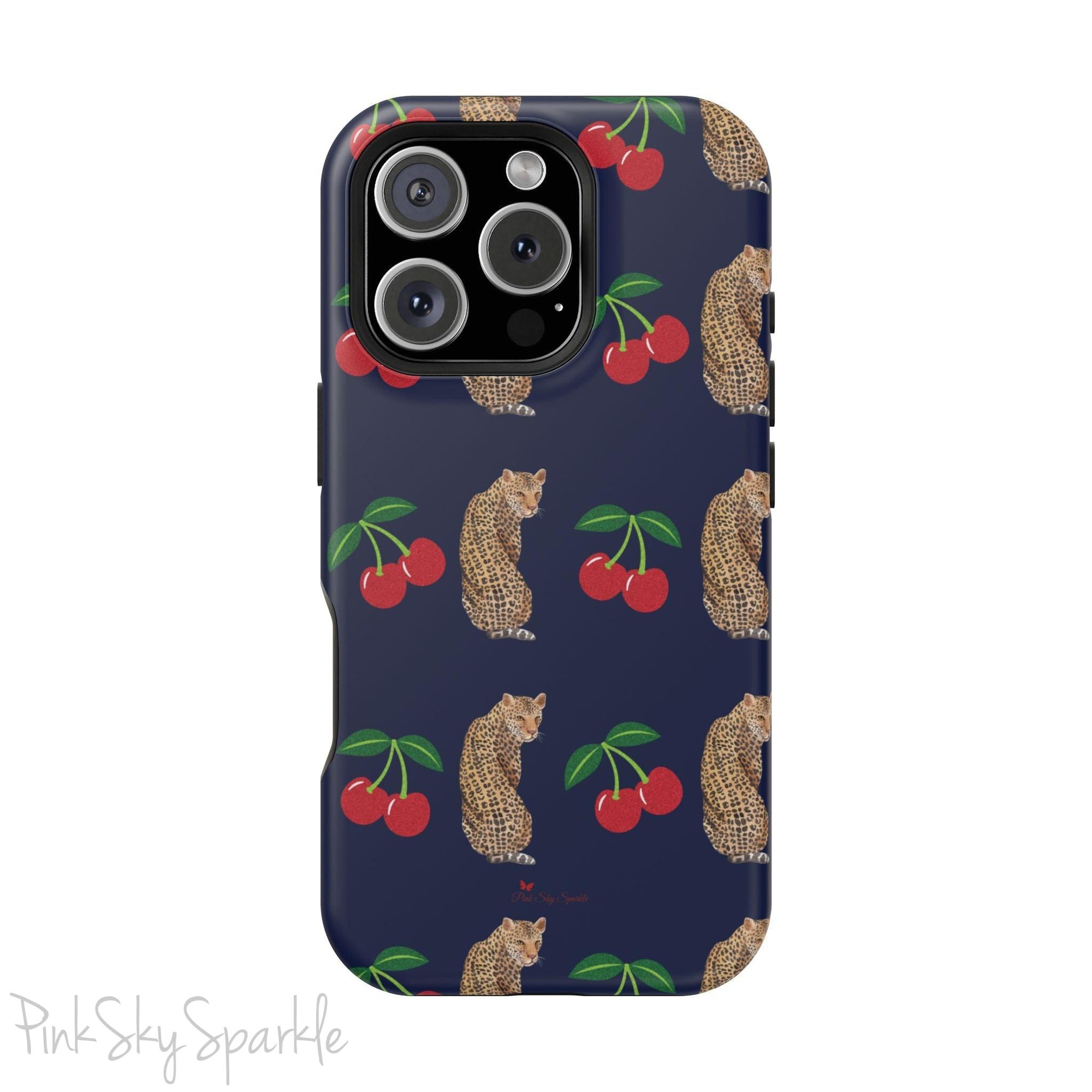A stylish magnetic iPhone case featuring a unique pattern of leopards and bright red cherries on a dark navy blue background, blending bold and playful elements.