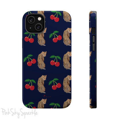 A stylish magnetic iPhone case featuring a unique pattern of leopards and bright red cherries on a dark navy blue background, blending bold and playful elements.