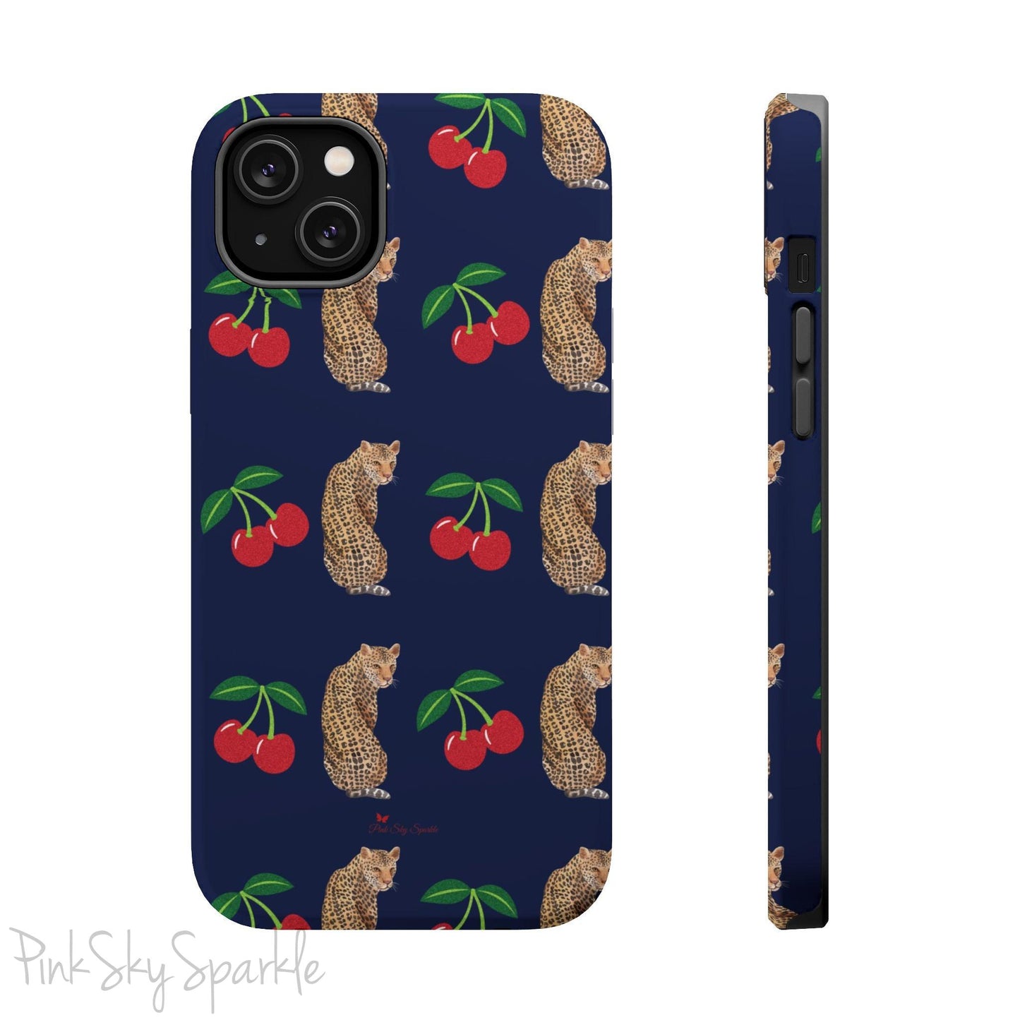 A stylish magnetic iPhone case featuring a unique pattern of leopards and bright red cherries on a dark navy blue background, blending bold and playful elements.