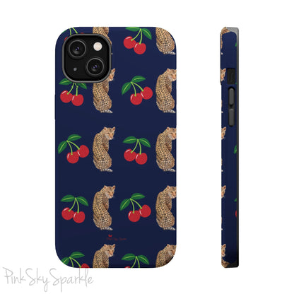 A stylish magnetic iPhone case featuring a unique pattern of leopards and bright red cherries on a dark navy blue background, blending bold and playful elements.