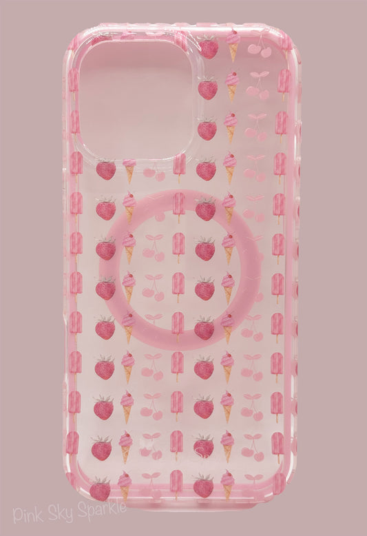 iPhone 16 Pro Max case with pink ice cream cone, pink popsicle, pink cherry and strawberry pattern on a clear background
