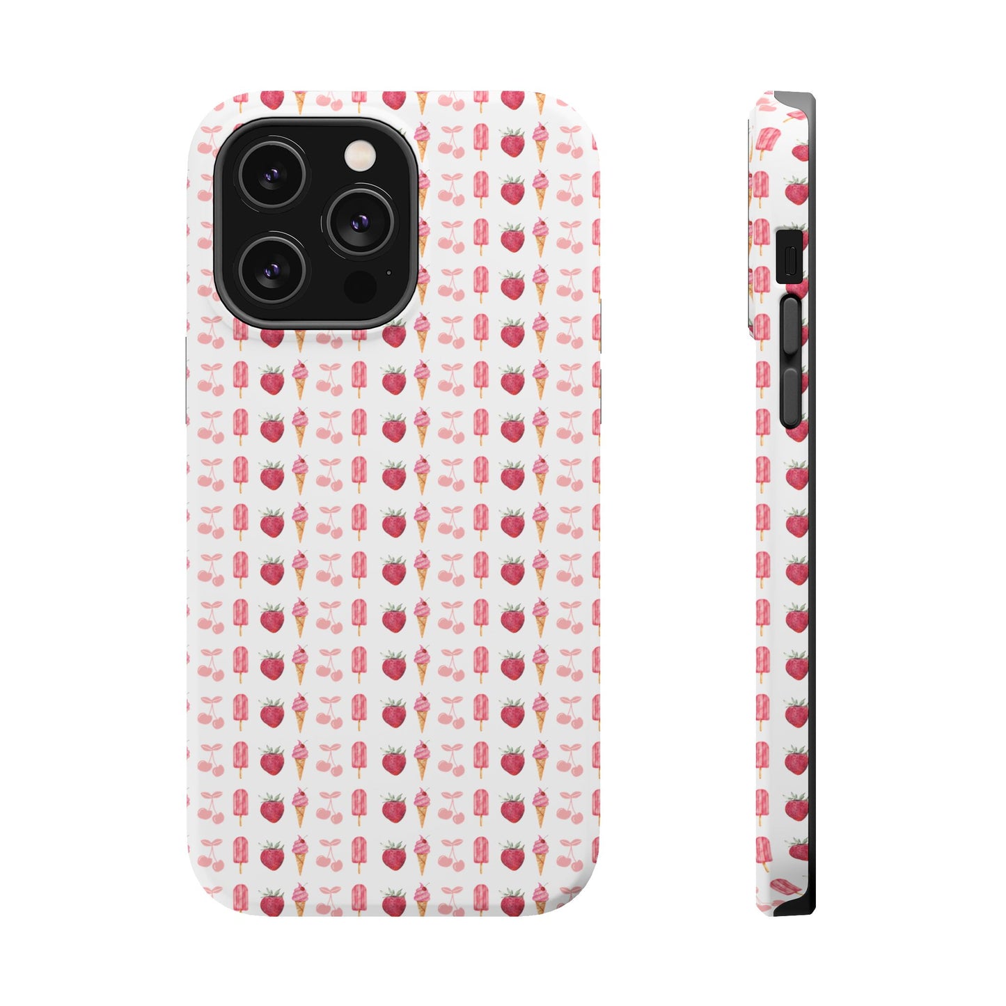 Introducing our Cherry Berry Magnetic Case – where aesthetics meet function! These phone cases feature a delightful pattern of pink cherries, strawberries, cream cones, and popsicles, creating a fun and vibrant design that stands out. Perfect for adding a pop of colour to your daily routine. 