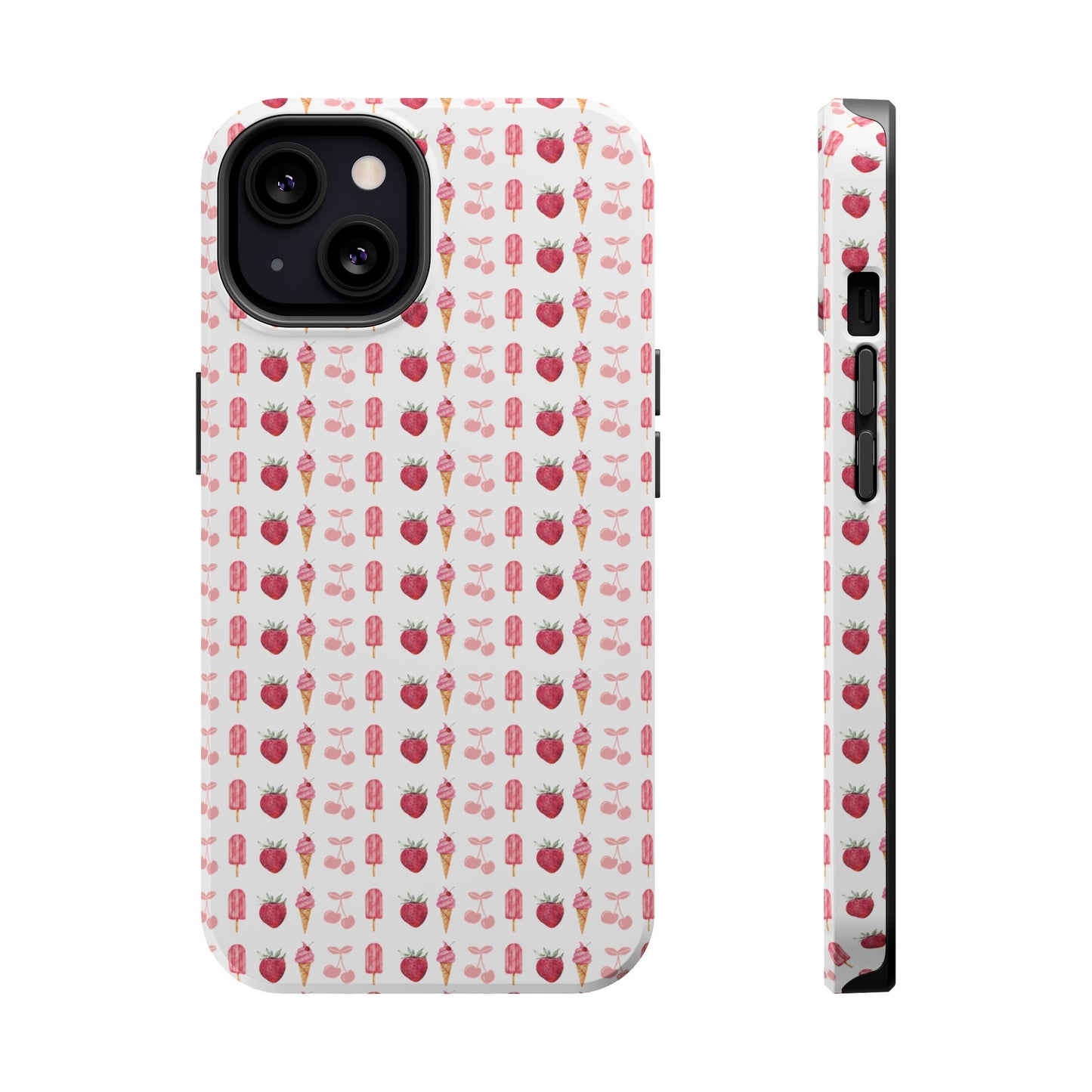 Introducing our Cherry Berry Magnetic Case – where aesthetics meet function! These phone cases feature a delightful pattern of pink cherries, strawberries, cream cones, and popsicles, creating a fun and vibrant design that stands out. Perfect for adding a pop of colour to your daily routine. 