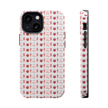 Introducing our Cherry Berry Magnetic Case – where aesthetics meet function! These phone cases feature a delightful pattern of pink cherries, strawberries, cream cones, and popsicles, creating a fun and vibrant design that stands out. Perfect for adding a pop of colour to your daily routine. 