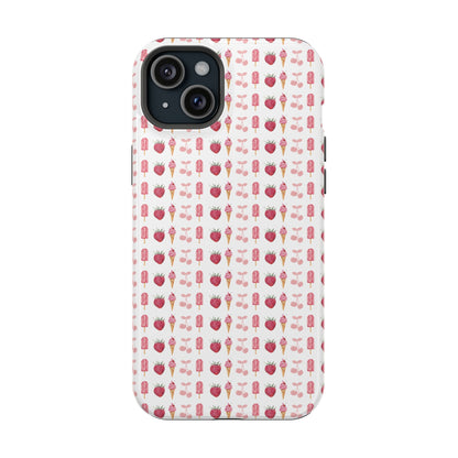 Introducing our Cherry Berry Magnetic Case – where aesthetics meet function! These phone cases feature a delightful pattern of pink cherries, strawberries, cream cones, and popsicles, creating a fun and vibrant design that stands out. Perfect for adding a pop of colour to your daily routine. 