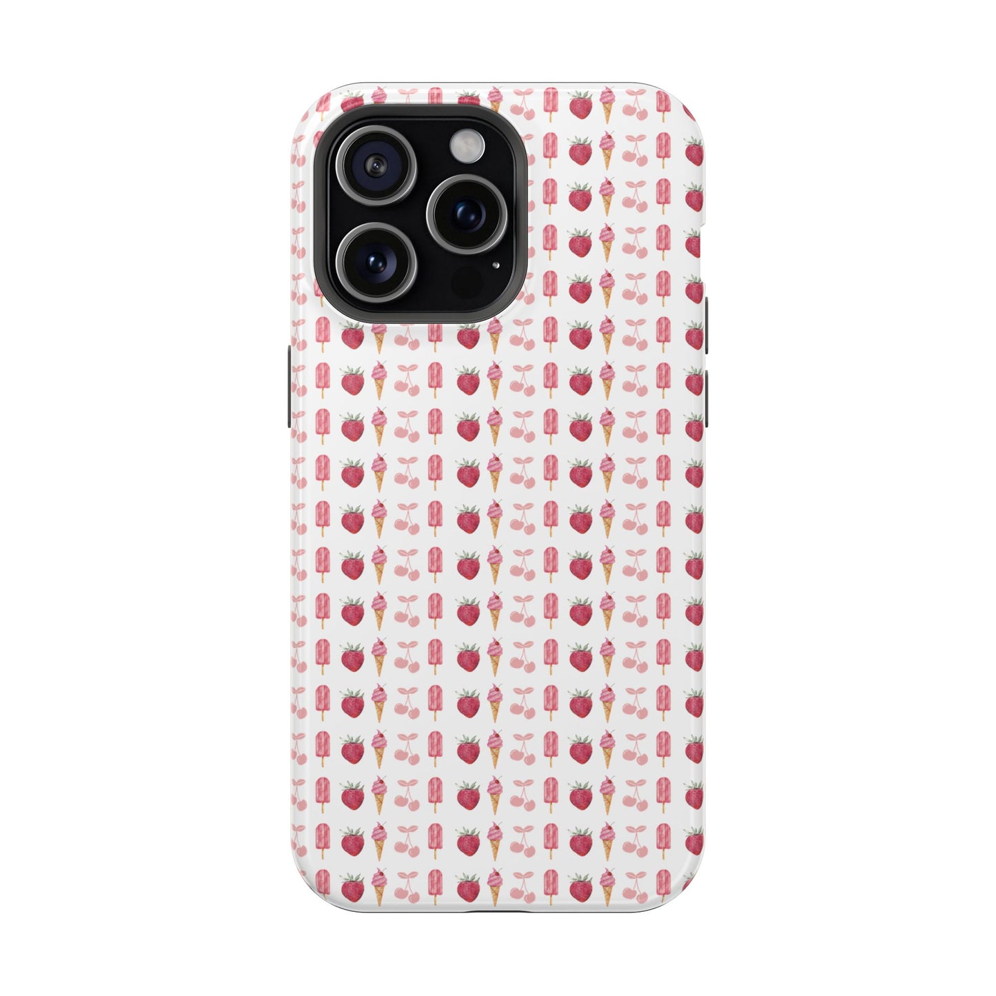 Introducing our Cherry Berry Magnetic Case – where aesthetics meet function! These phone cases feature a delightful pattern of pink cherries, strawberries, cream cones, and popsicles, creating a fun and vibrant design that stands out. Perfect for adding a pop of colour to your daily routine. 