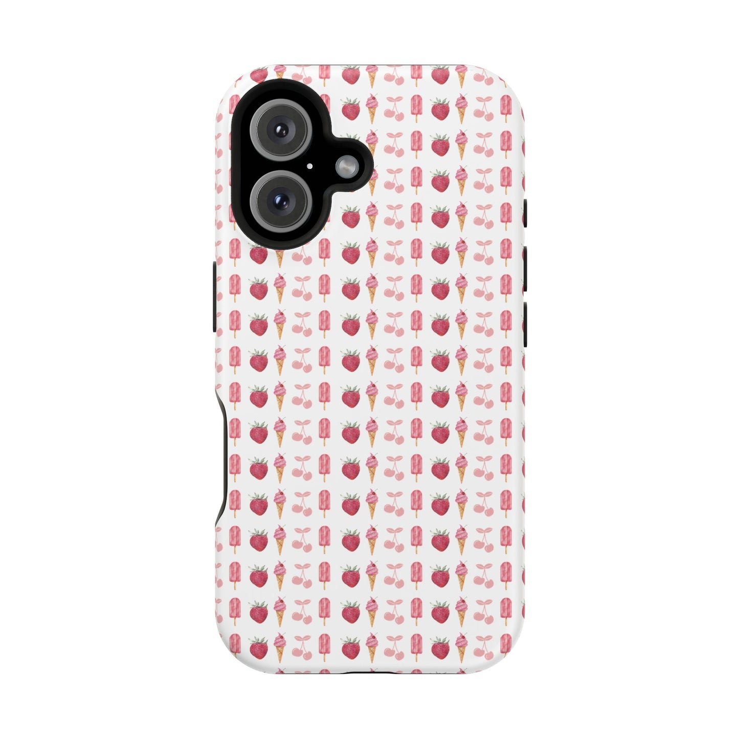 Introducing our Cherry Berry Magnetic Case – where aesthetics meet function! These phone cases feature a delightful pattern of pink cherries, strawberries, cream cones, and popsicles, creating a fun and vibrant design that stands out. Perfect for adding a pop of colour to your daily routine. 