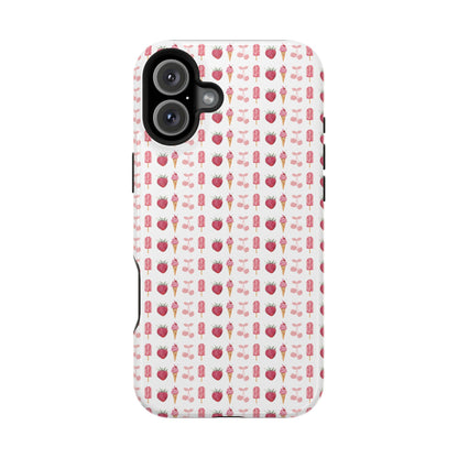 Introducing our Cherry Berry Magnetic Case – where aesthetics meet function! These phone cases feature a delightful pattern of pink cherries, strawberries, cream cones, and popsicles, creating a fun and vibrant design that stands out. Perfect for adding a pop of colour to your daily routine. 