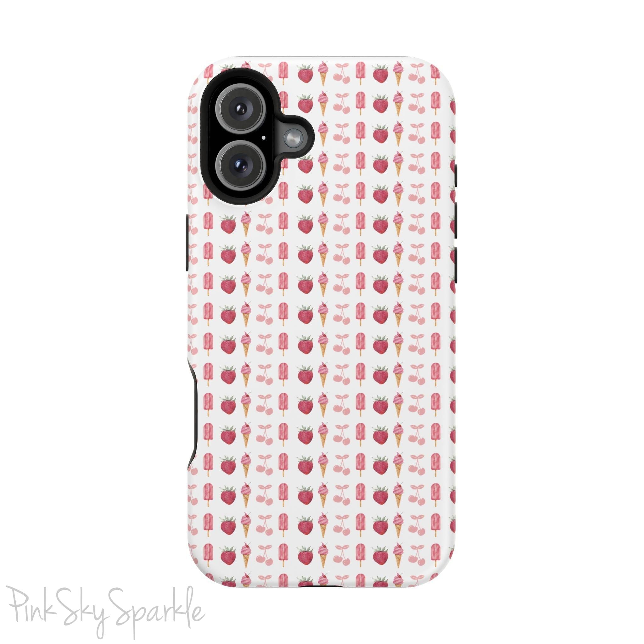 Introducing our Cherry Berry Magnetic Case – where aesthetics meet function! These phone cases feature a delightful pattern of pink cherries, strawberries, cream cones, and popsicles, creating a fun and vibrant design that stands out. Perfect for adding a pop of colour to your daily routine. 