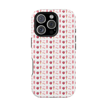 Introducing our Cherry Berry Magnetic Case – where aesthetics meet function! These phone cases feature a delightful pattern of pink cherries, strawberries, cream cones, and popsicles, creating a fun and vibrant design that stands out. Perfect for adding a pop of colour to your daily routine. 