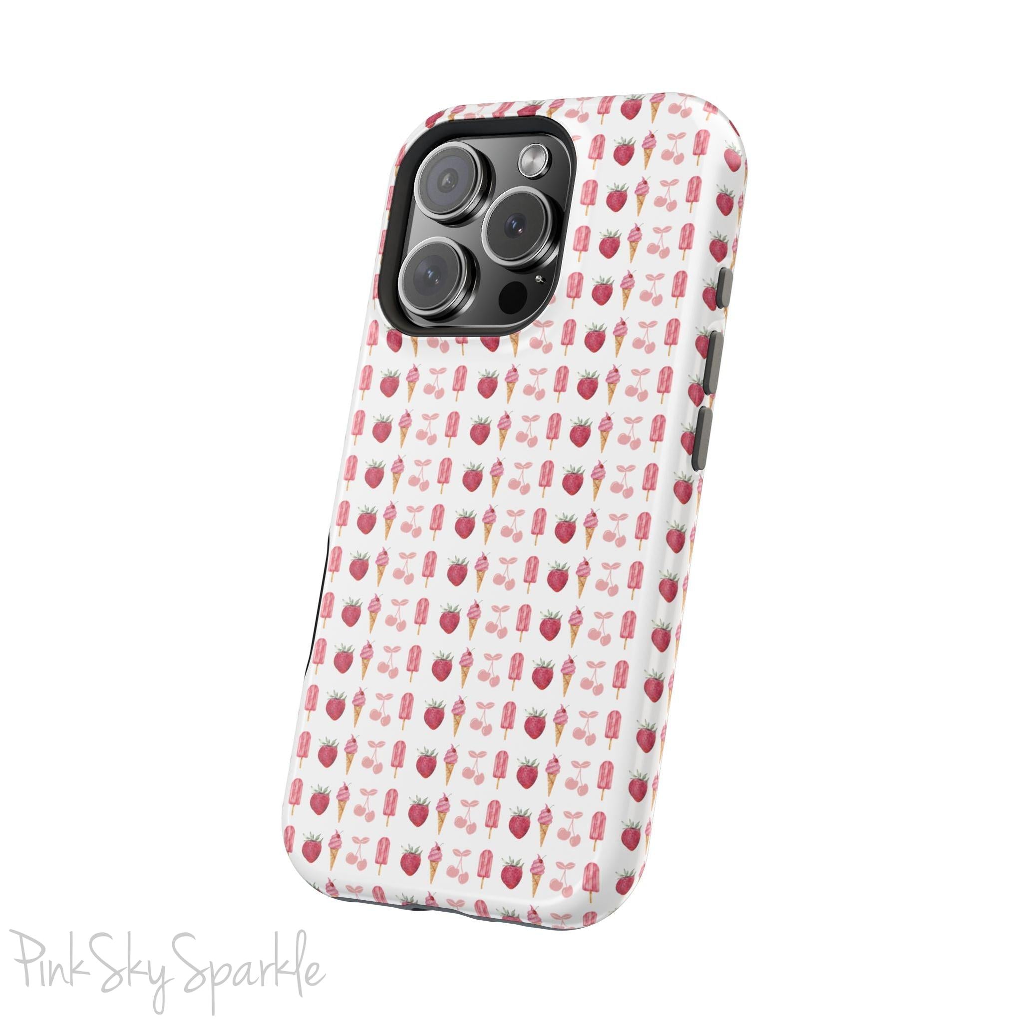 Introducing our Cherry Berry Magnetic Case – where aesthetics meet function! These phone cases feature a delightful pattern of pink cherries, strawberries, cream cones, and popsicles, creating a fun and vibrant design that stands out. Perfect for adding a pop of colour to your daily routine. 