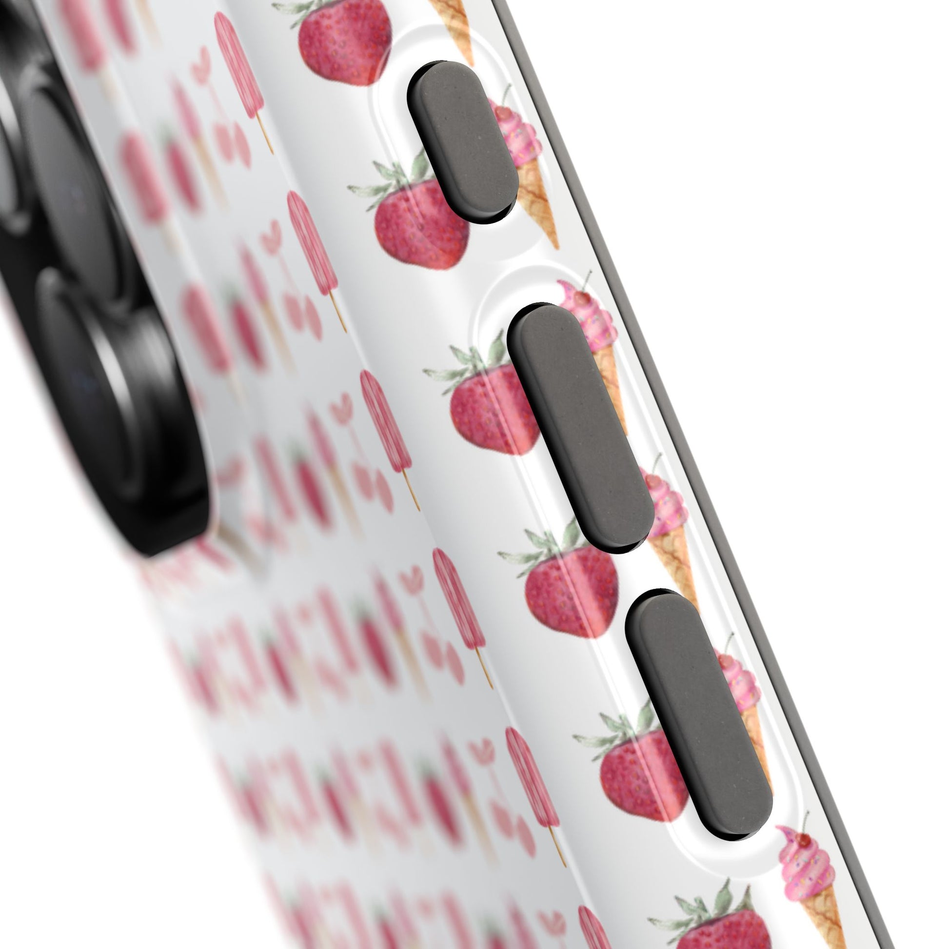 Introducing our Cherry Berry Magnetic Case – where aesthetics meet function! These phone cases feature a delightful pattern of pink cherries, strawberries, cream cones, and popsicles, creating a fun and vibrant design that stands out. Perfect for adding a pop of colour to your daily routine. 