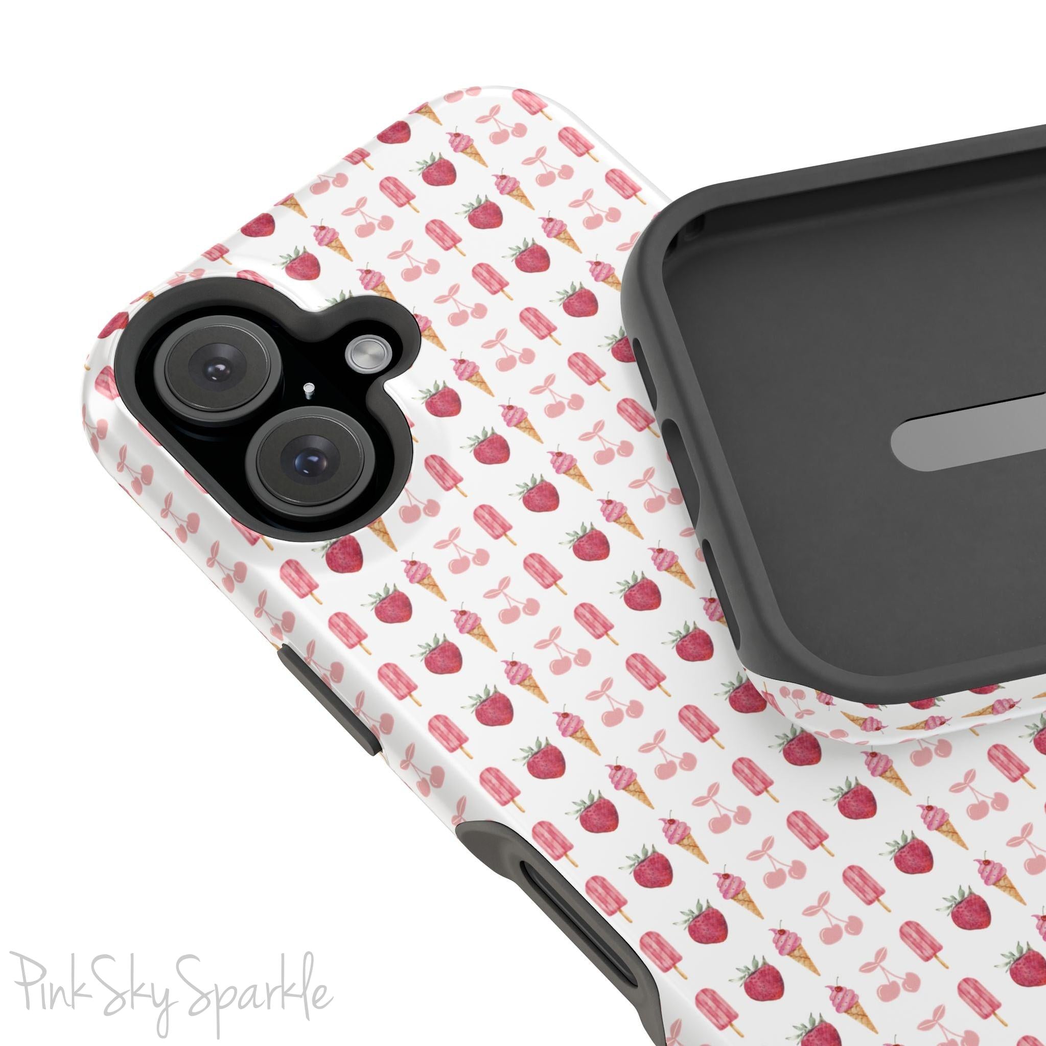 Introducing our Cherry Berry Magnetic Case – where aesthetics meet function! These phone cases feature a delightful pattern of pink cherries, strawberries, cream cones, and popsicles, creating a fun and vibrant design that stands out. Perfect for adding a pop of colour to your daily routine. 