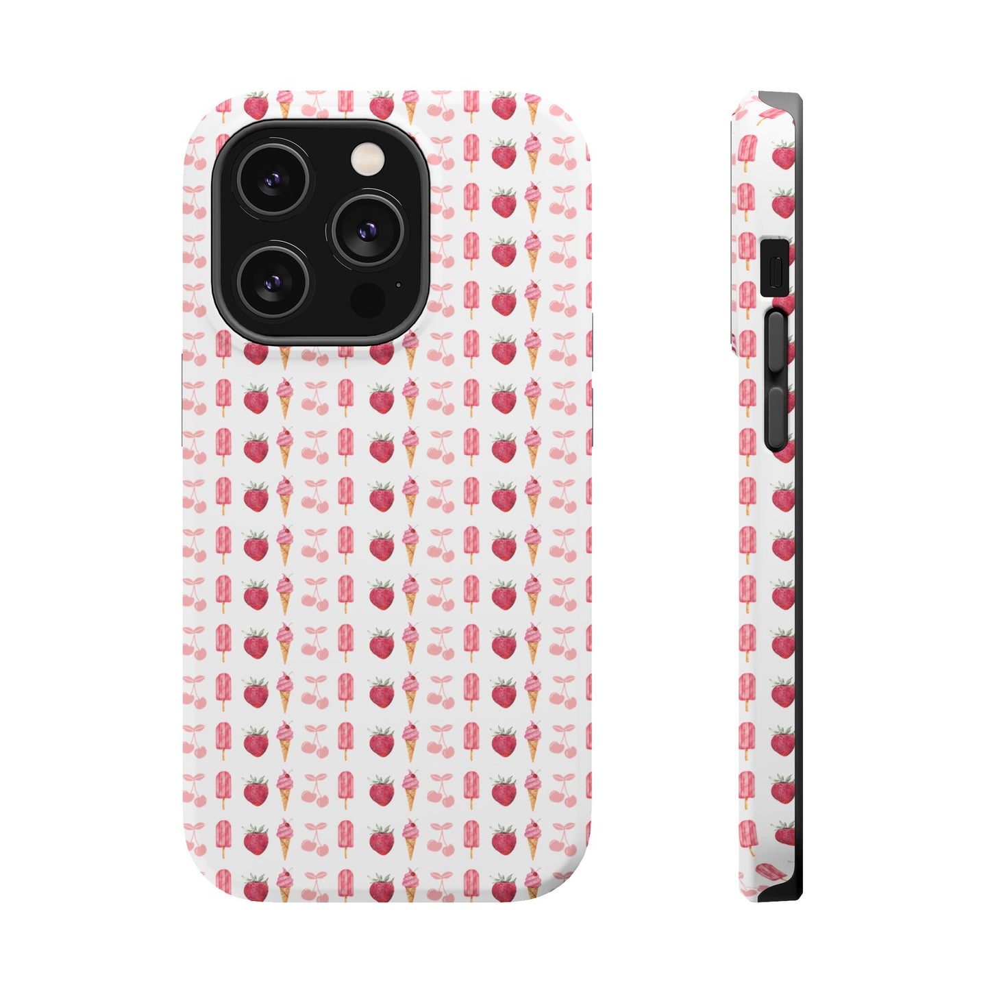 Introducing our Cherry Berry Magnetic Case – where aesthetics meet function! These phone cases feature a delightful pattern of pink cherries, strawberries, cream cones, and popsicles, creating a fun and vibrant design that stands out. Perfect for adding a pop of colour to your daily routine. 