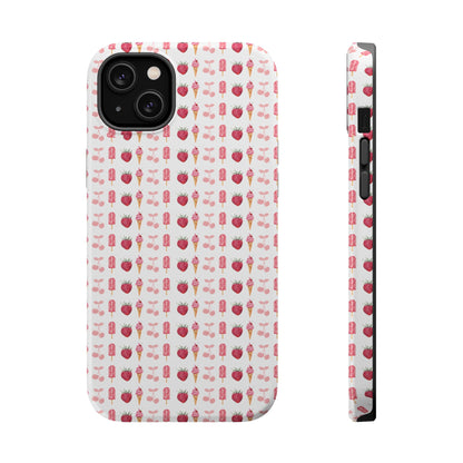 Introducing our Cherry Berry Magnetic Case – where aesthetics meet function! These phone cases feature a delightful pattern of pink cherries, strawberries, cream cones, and popsicles, creating a fun and vibrant design that stands out. Perfect for adding a pop of colour to your daily routine. 