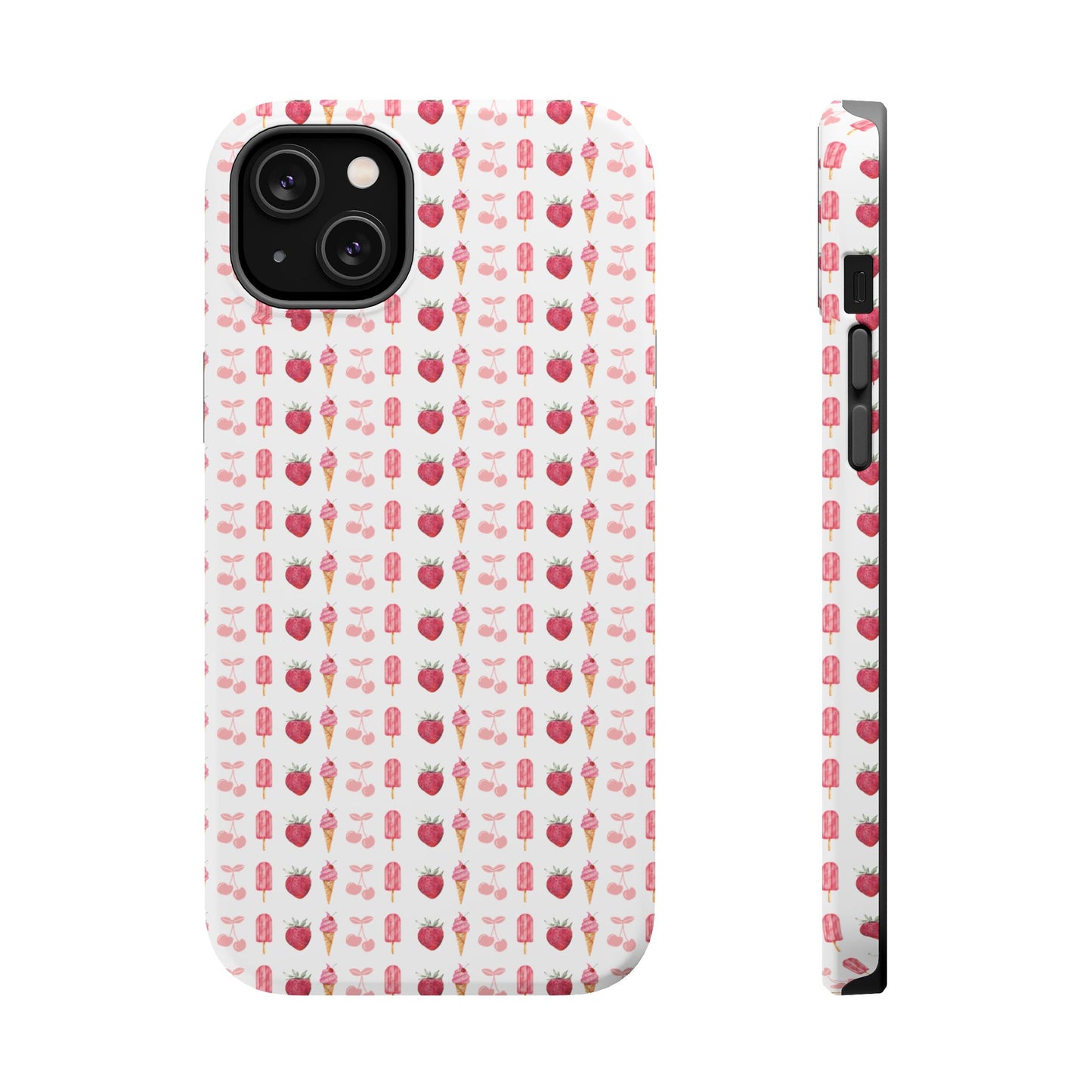 Introducing our Cherry Berry Magnetic Case – where aesthetics meet function! These phone cases feature a delightful pattern of pink cherries, strawberries, cream cones, and popsicles, creating a fun and vibrant design that stands out. Perfect for adding a pop of colour to your daily routine. 