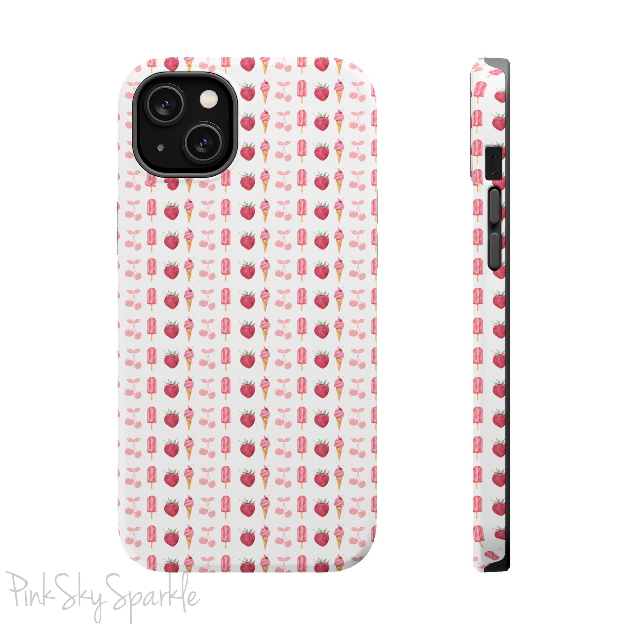 Introducing our Cherry Berry Magnetic Case – where aesthetics meet function! These phone cases feature a delightful pattern of pink cherries, strawberries, cream cones, and popsicles, creating a fun and vibrant design that stands out. Perfect for adding a pop of colour to your daily routine. 