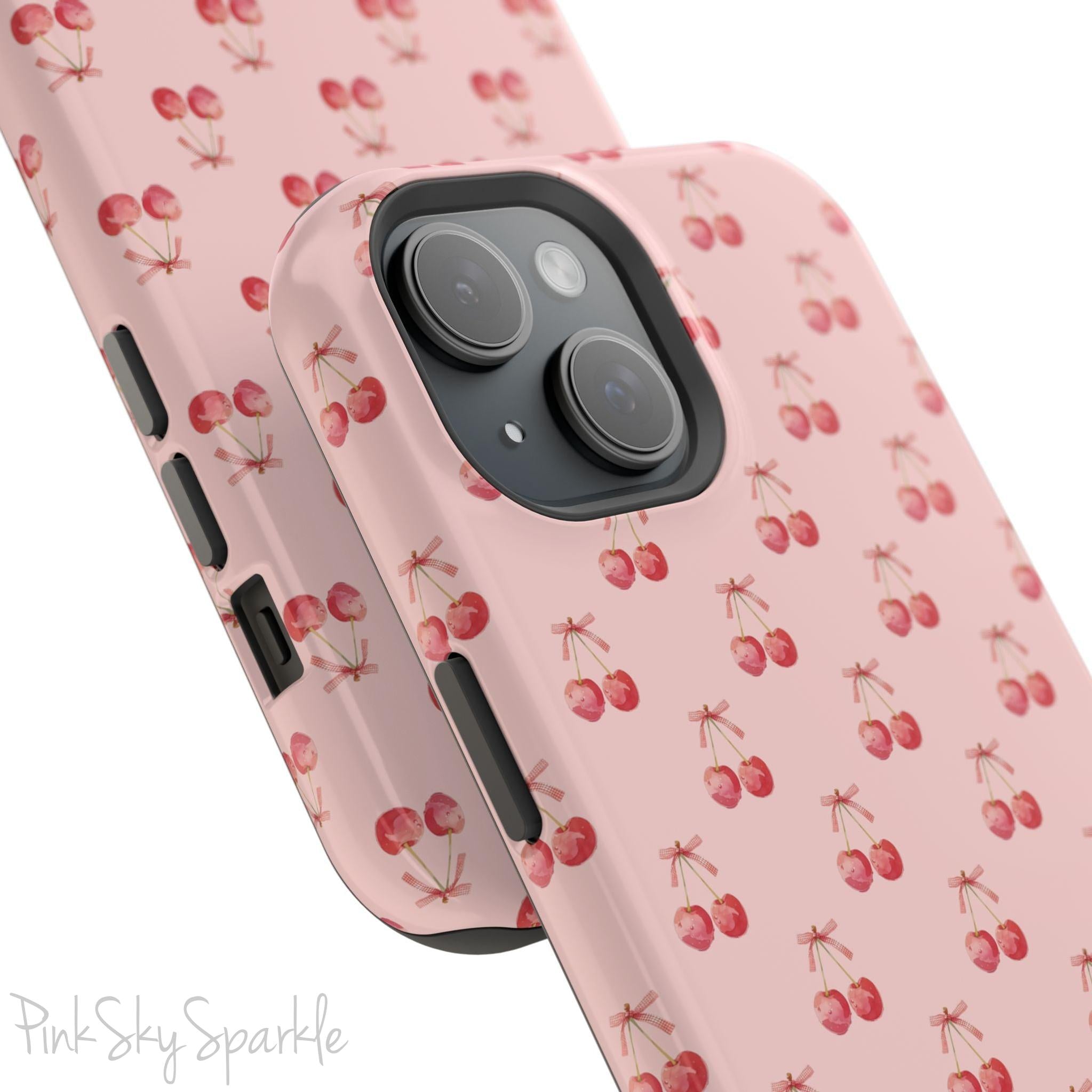 Magnetic iPhone case with a stylish cherry design 🍒, offering protective, coquette-inspired charm for iPhone users who love chic and functional phone accessories.