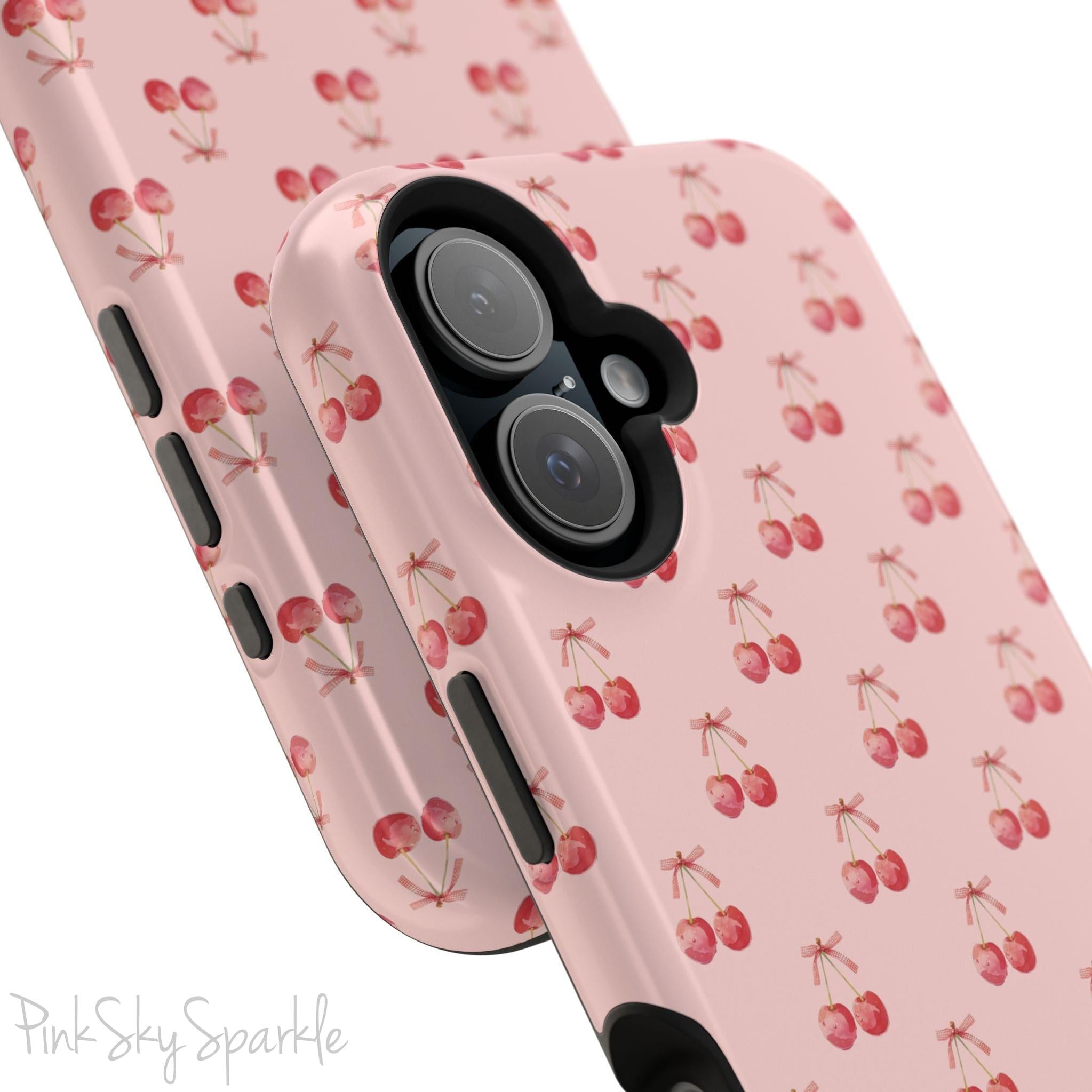 Magnetic iPhone case with a stylish cherry design 🍒, offering protective, coquette-inspired charm for iPhone users who love chic and functional phone accessories.