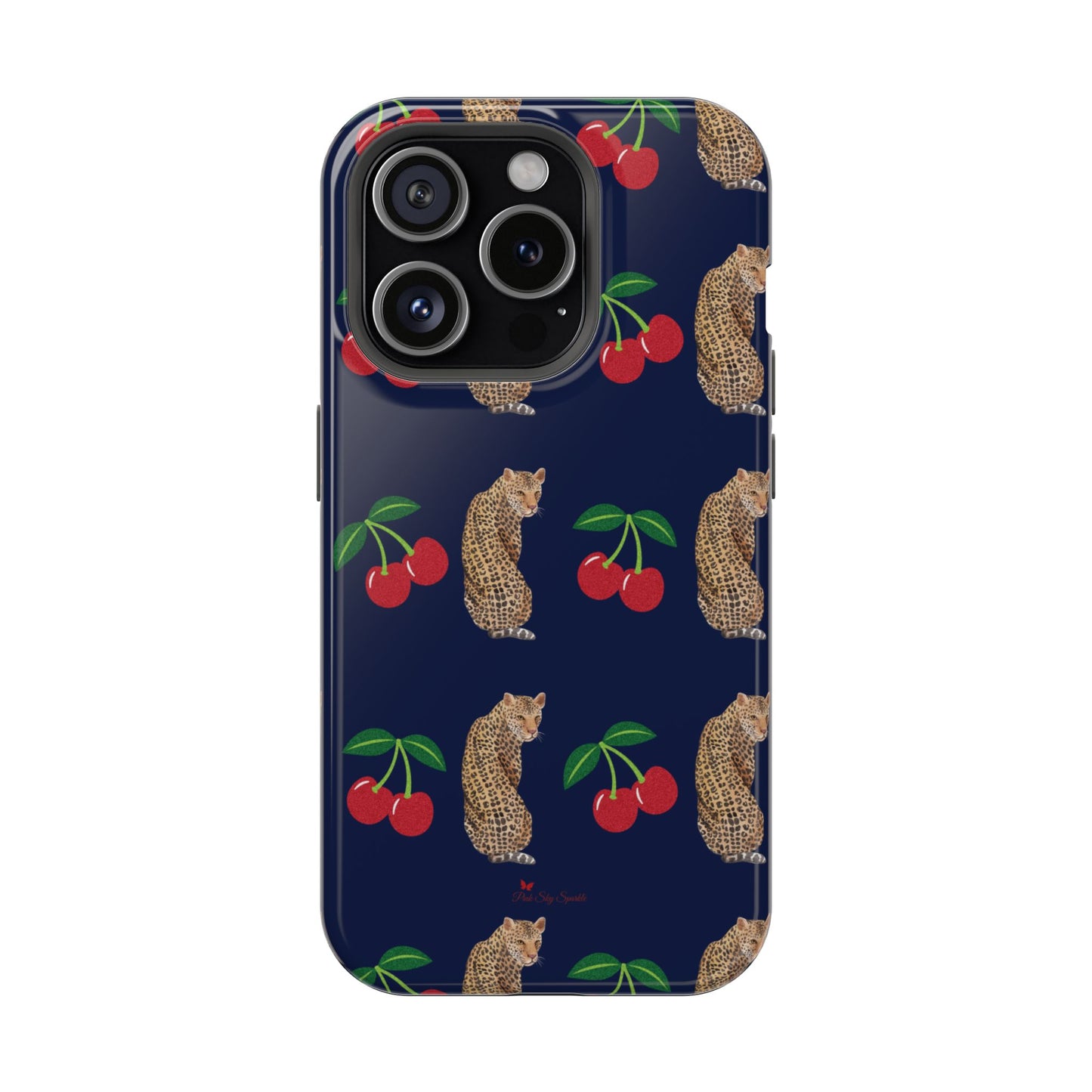 A stylish magnetic iPhone case featuring a unique pattern of leopards and bright red cherries on a dark navy blue background, blending bold and playful elements.